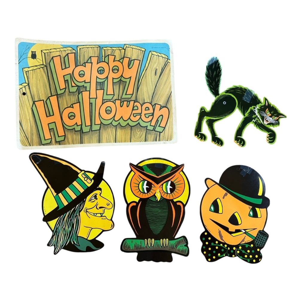 VTG ‘79 Halloween Beistle Die Cut Decorations USA Witches Owl Jointed Cat